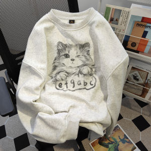 American Fashion Brand Kitten Print round Neck Thin Sweatshirt Female 2024 Fall and Winter New Arrival Loose Easiest for Match Light Gray Tops