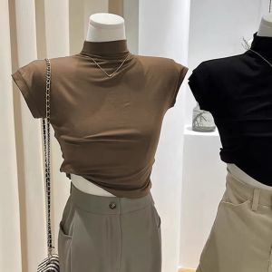 Stylish Modal Cotton Slim Fit Short Sleeve T-Shirt Womens Black Base Shirt Fashionable Inner Wear Half High Collar Top