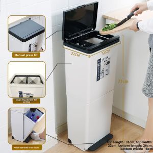 No-Bend Double-Layer Kitchen Waste Bin Large Capacity Covered Dry-Wet Separation Japanese Style Home Use Garbage Can