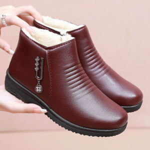 GRAZIA Women Cotton Shoes Middle-aged Winter Soft Soled Ankle Boots Elderly Womens Plus Velvet Leather Boots