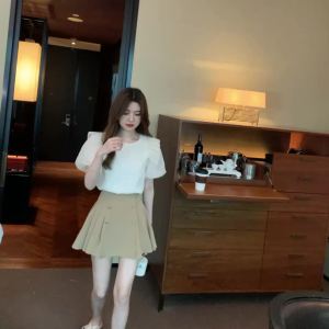 AMMIN 2025 Summer New Simple Round Neck Sweet Mesh Ruffle Patchwork Lantern Sleeve Chiffon Short Sleeve Shirt Womens French Embroidery Floral Hollow Design Sweet Elegant Blouse