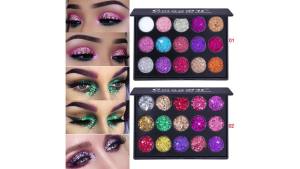 CmaaDu 15 Colors Gold Scallion Powder Diamond Glitter Eyeshadow Tray Shimmering Dazzling Universal Waterproof Easy to Color