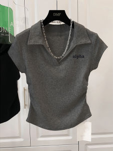 Elegant Deep Grey V-Neck Short Sleeve Womens T-Shirt Slim Fit Pleated Waist-Cinching Summer Polo Top Fashionable Casual Wear