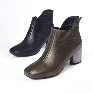Leather Martin Boots British Style Womens Chunky Heel Short Boots Versatile Medium Heel Square Head Fashionable Booties