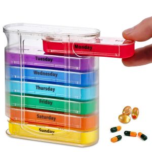 A Week Pill Boxes Seven Days Car Rainbow Portable 28 Plastic Compartments Large Capacity Portable Personal Health Care Pill Box
