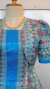 ชุดผ้าไทย ลายไทย ชุดออกงาน ตัด ผ้าไหมงาน สีฟ้า ชุดผ้าไม่มีสีฟ้า