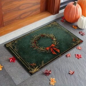 VIKAMA Christmas Doormat Non‑Slip Front Entrance Rug Washable Indoor Outdoor Xmas Retro Wreath Golden Border Holiday Home Mat