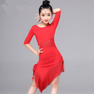 QBELY Child Girls Latin Dance Dress Fringe Latin Dance Clothes Salsa Costume Black Red Ballroom Tango Dresses