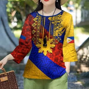 (1-3 days delivery) Philippine flag Barong Tagalog womens ethnic long sleeved womens formal casual Asian clothing plus size T-shirt