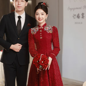 Elegant Chinese Style Long Sleeve Lace Dress Slimming Wedding Dress Customizable Engagement Party Dress mid Waist A-Line Skirt