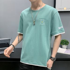 ROMON | Lormen Mens Ice Silk Short Sleeve T-Shirt Summer Thin Print Round Neck Half Sleeve Pure Cotton Cool Feeling Fashion Urban Style