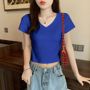 Womens Short Black Crop Top T-Shirt High Waist Crop Round Neck Slim Fit