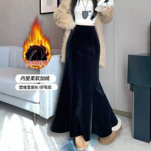 กระโปรงสั้นผ้ากำมะหยี่บุขนแกะสีดำ ทรงเอ เอวสูง ทรงเอ กระโปรงทรงหางปลา ทรงหลวม สำหรับผู้หญิง ฤดูใบไม้ร่วง/ฤดูหนาว