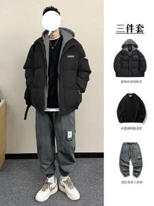 Mens Winter Cotton Jacket Hooded down Jacket Set Workwear Outerwear Fake Two-Piece Warm Thickened Long Sleeve Zipper Closure