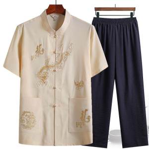 Summer Casual Short Sleeve Tang Suit Set for Middle-Aged Men Tai Chi Morning Exercise Clothes Grandpa Leisure Hanfu