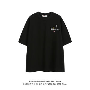 Loose Fit Short Sleeve T-Shirt Embroidered Letters American Floral Style Mens Summer Casual Versatile round Neck Tee