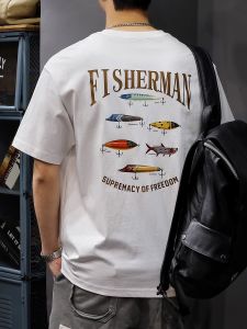 Heavyweight Pure Cotton American Retro Fishing Man Short Sleeve T-Shirt Mens New 2025 Half Sleeve Body Shirt Breathable Summer Casual Tee