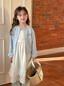 Sweet Butterfly Knot Short Casual Striped Korean Style Childrens Outerwear for Girls Warm Lightweight Breathable Long Sleeve