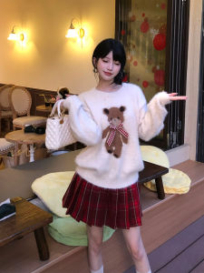 Early Autumn Korean Style Sweet College Style Christmas Theme Dress Set High Waist Pleated Skirt Long Sleeve round Neck Top