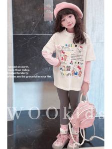 Girls Long Sleeve T-Shirt Spring Autumn Fashionable Pure Cotton Cartoon Print round Neck Top for Children Aged 2-14 Years Old