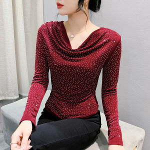 YIMEI Pile collar starry hot diamond red top 2024 new beautiful long sleeved womens T-shirt simple winter base shirt