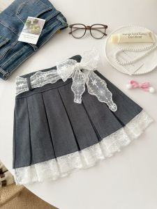 Girls Midi Skirt Spring Autumn Plaid Butterfly Knot Short Skirt Korean Style Childrens Clothing Butterfly Knot Plaid Skirt