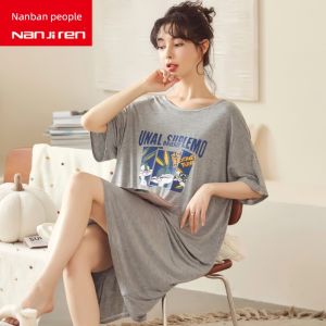 Fenteng Care Summer Sleep Dress Womens Loose Fit Modal Ice Silk Short Sleeve Maternity Nightgown Thin Continuous Dress