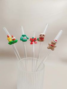 1/5PCS Christmas Glass Straw Set 5 Festive Designs. Reusable Straws for Milk Tea Cocktails & Iced Drinks.