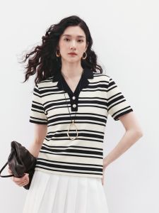 Basic House | Colorblock Striped Notch Collar Slim Waist Short Sleeve T-Shirt Women