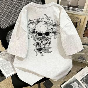 FLICBS | Mens Loose Fit Skull and Floral Print T-Shirt