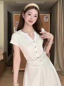 Đầm Tay Ngắn Sọc Nơ Băng Dây ở eo