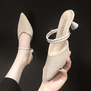 Pointed Toe Knitted High Heel Sandals Womens Summer Outdoor Wear French Style Lazy Girl Half Slippers Roman Style Flat Sandals