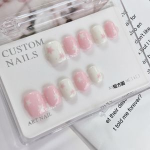Handmade Wearable Nail Art Soft Pink Star Finished Nail Tips White And Refreshing Fairy Style False Nails Blue Series Normal Size