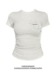 American Style Short Sleeve Slim Fit T-Shirt Womens Grey Summer Sweet And Spicy Girl Casual Cotton Polyester round Neck Top