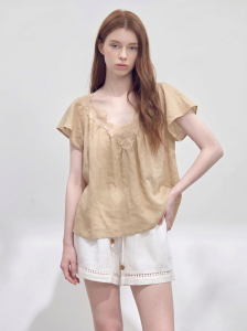 GULILI | Floral Lace V-Neck Flounce Sleeves Ramie Womens Shirt