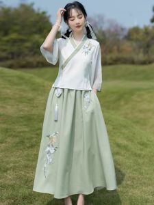 New Chinese Style Hanfu Dress Student Fashion Set Summer New Arrival Girls Clothing High Waist Short Sleeve Printed Dress