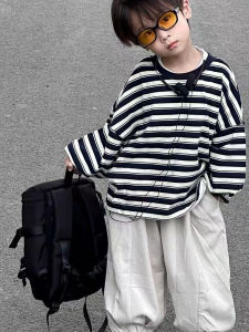 Boys Long Sleeve T-Shirt Set Stripe Pattern Casual Wear Two Pieces Autumn Clothes for Kids Trendy And Handsome Outfit
