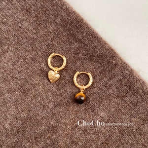 Chocho/Maillard Tigereye Heart Asymmetric Ear Clip Earrings Elegant Fancy Special Interest Earrings Earrings