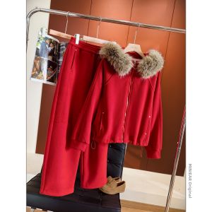 Puffy Fur Collar Leisure Suit Set