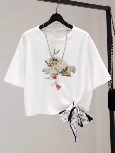 plus Size 300 Pounds Special Edition Short Sleeve T-Shirt Fan Print Chinese Style Top for Small Stature Design Sensation New