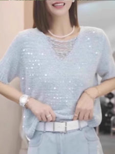 BINKAFENNY | Elegant Heavy Embellished Hollow Out Short Sleeve T-Shirt Women Summer Plus Size Loose Slimming Top Thin Material Korean Style