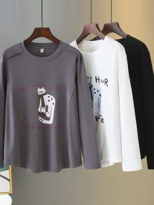 เสื้อยืดคอกลมแขนยาวลายพิมพ์ผ้าขนหนูสัตว์เลี้ยงไซส์ใหญ่สำหรับผู้หญิงในฤดูใบไม้ผลิและฤดูใบไม้ร่วง เสื้อชั้นในหลวมๆ สำหรับผู้หญิงไซส์ใหญ่