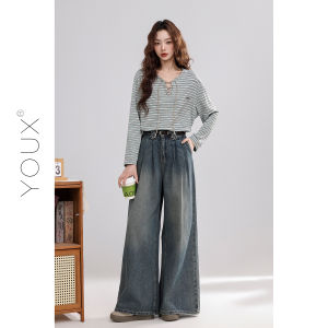 YOUXIANG | Quần Jeans Flared Phong Cách Vintage Pháp Đã Xử Lý
