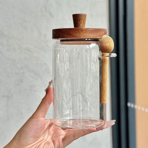 # Bosss Own Style# Glass Sealed Can Wooden Lid Coffee Beans Storage Jar with Wooden Spoon Dry Grains Storage Jar