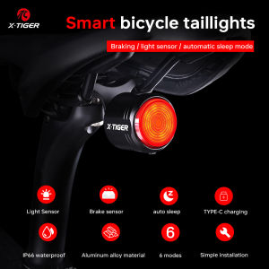 X-TIGER Rear Light Bicycle High Brightness Smart Brake Sensing Light IPX6 Waterproof Bicycle Taillight TYPE-C Charging Bike Lamp