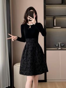 Autumn New Style Knitted Dress Womens High-End Black Floral Embroidery Daily Mini Dress Midi Length A-Line Silhouette