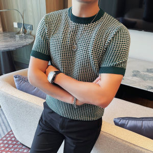 Fashionable Plaid Short Sleeve Knitted Sweater Mens Slim Fit round Neck T-Shirt Autumn New Style Urban Youth Casual Knitwear