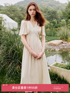 Elegant V-neck Short Sleeve Womens Dress Slimming High Waist Summer New Style Fashionable Skirt X-shaped Mid-length Pure Color