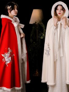 Original Design Hanfu Cao Mantle Heavy Embroidery Woolen Coat Thickened Fleece Womens Style Autumn Winter Season Fashionable