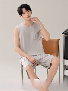 MiiOW | ชุดนอนฤดูร้อนบางระบายสำหรับผู้ชาย ชุดนอนแขนกุดลำลอง ชุดอยู่บ้าน ผ้าไนลอนผสมโพลีเอสเตอร์ 2025 ใหม่